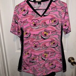 Pink Cheshire Cat Print Scrub Top